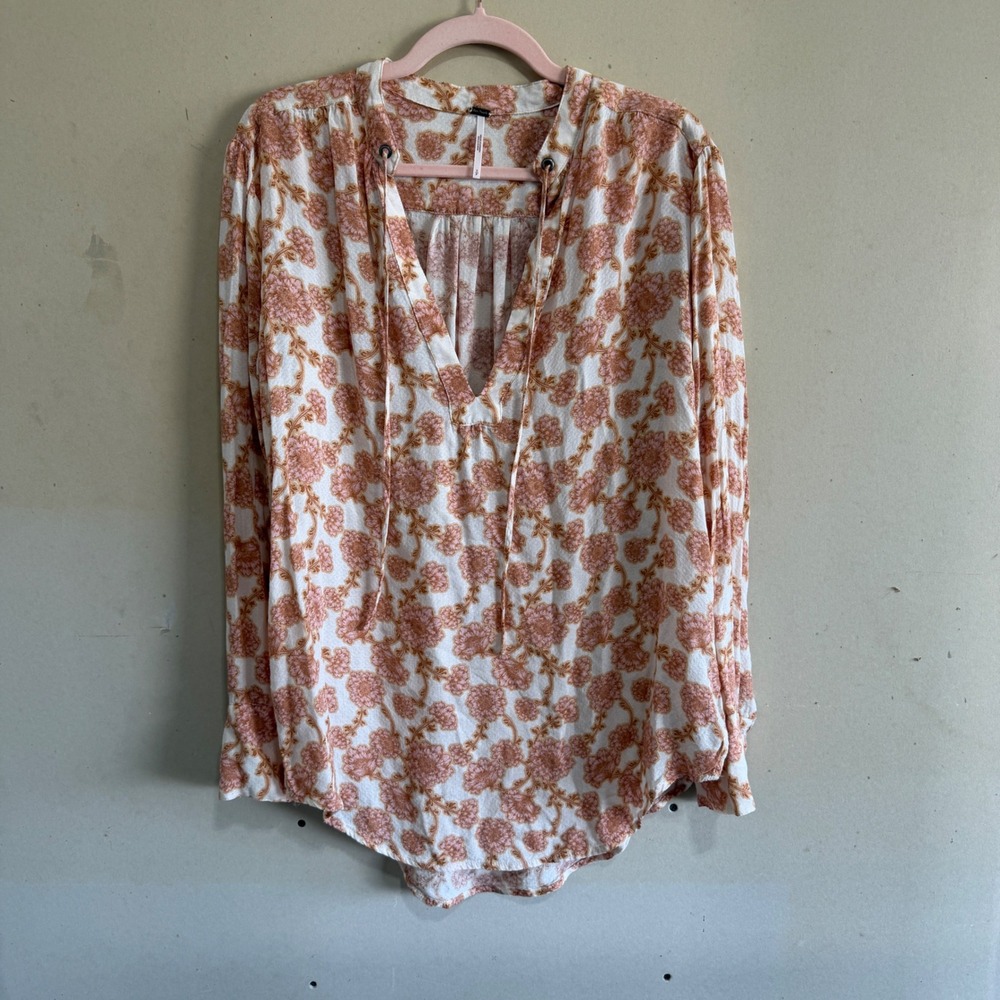 Free People Mia Tunic Floral V-Neck Tie Top Viscose Peach Cream Small